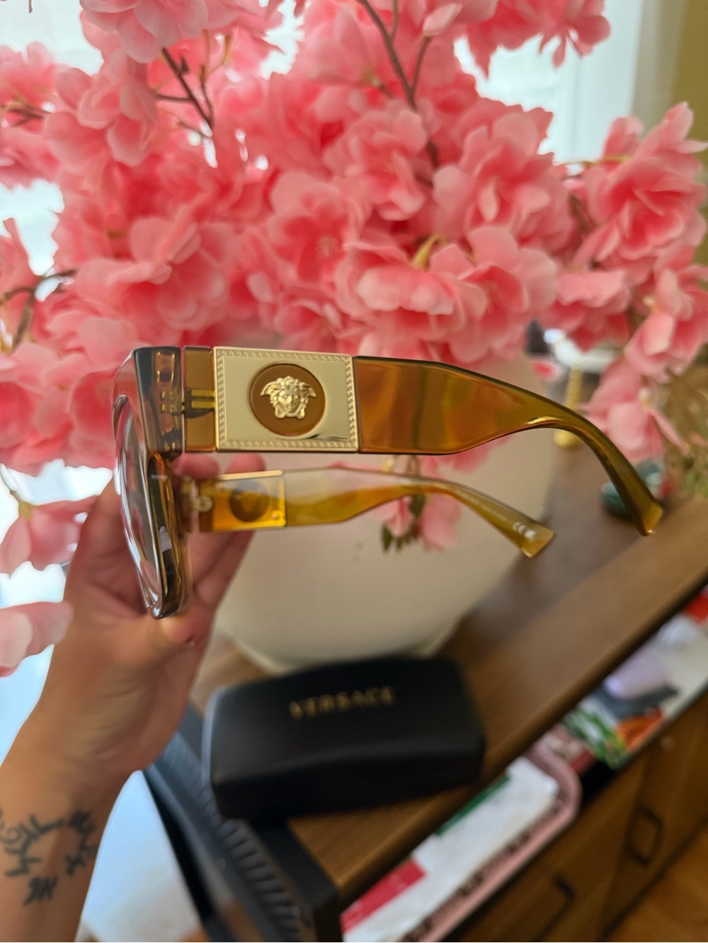 Versace Amber Transparent Gold Medusa-Accent Sunglasses